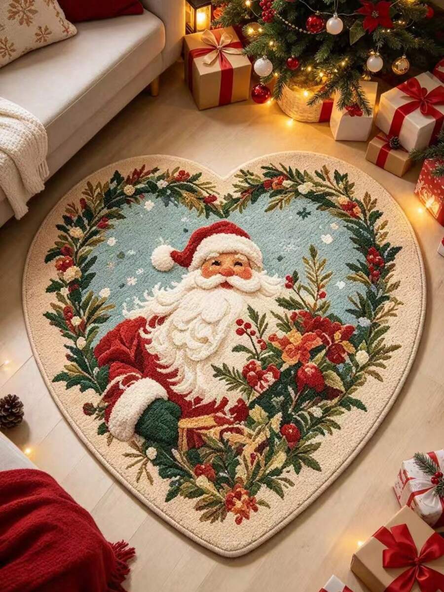 1pc Wreath Santa Claus Heart-Shaped Rug, Christmas Style, Christmas, Doormat, Small Rug, Welcome Mat, Carpet, Floor Mat, Outdoor Doormat, Kitchen Rug, Front Door Mat, Area Rug, Outdoor Mat, Home Decor, Area Carpet, Garden Rug, Washable Rug - Multicolor - View 1