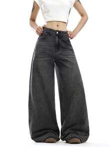 1pc American Street Fashion Women Rhinestone Denim Jeans Loose Comfortable Wide Leg Pants All Season Versatile Denim Long Pants (This Product Does Not Include Belt/Accessories) - Black - View 4