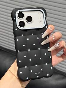 1pc Cute Bear Ear Wavy Bread Phone Case, Matte Black & White Polka Dot Soft Shockproof Protective Shell, Down Jacket Texture With Bonne Letter Print, Silver Large Camera Frame, Compatible With IPhone 18 Pro Max, 17, 16 Pro, 15 Pro, 14 Pro, 13, 12, 11 - Black - View 3