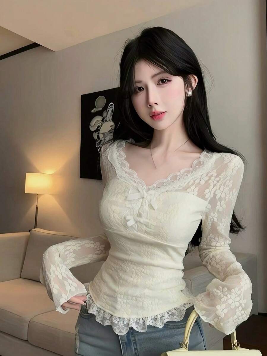 Women's Lace Blouse Inner Layer Long Sleeve Top, Autumn - Apricot - View 1