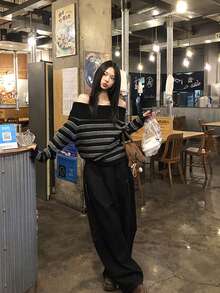 YCYC Black & Grey Striped Off-Shoulder Sweater, Women's Autumn/Winter Slouchy Chic Long Sleeve Knit Top - Black - View 3