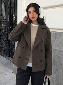 Dark Brown Double-Breasted Short Overcoat Women, Large Lapel Loose Silhouette Commuter Overcoat, Women's Overcoat, Autumn/Winter - Brown - View 7