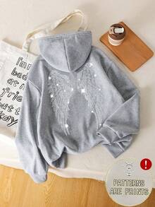 Women's Plus Size Rhinestone Wing Print Thermal Lined Sweatshirt, Autumn/Winter Long Sleeve Regular Fit Knit Sweatshirt - Grey - View 1