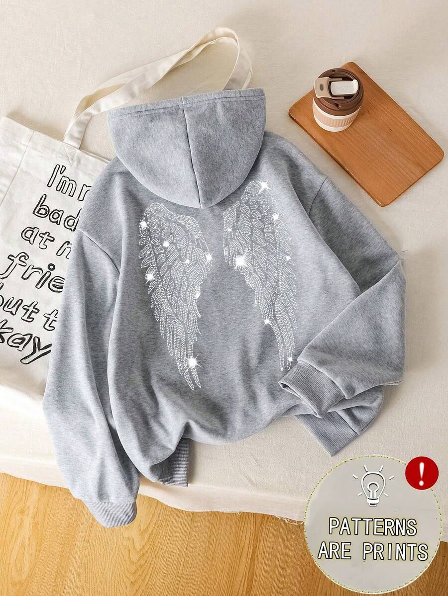 Women's Plus Size Rhinestone Wing Print Thermal Lined Sweatshirt, Autumn/Winter Long Sleeve Regular Fit Knit Sweatshirt - Grey - View 1