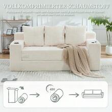 Three-Seater Sofa Made Of Cotton And Linen Fabric, With Cup Holders And Side Pockets, Can Be Converted Into Three Seats, Frameless Design With Knitted Cushions And Backrest, Large Seat - White - View 5