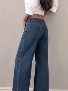 Asymmetrical Waistband Denim Jeans For Women, New Mid-Waist Design With Diagonal Buttons, Straight Leg Long Pants - Dark Wash - View 6