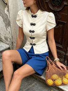 Women's Front Button Short Sleeve Elegant Blouse - Champagne - View 3
