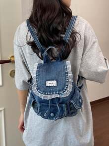 Retro Drawstring Drawstring Backpack, Embellished With Lace And Labels, Featuring Multiple Pockets, Suitable For Shopping, Dating And Daily Travel - Blue - View 4
