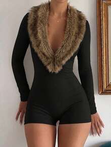 Women's Plush Patchwork Casual Daily Wear Romper - Black - View 2