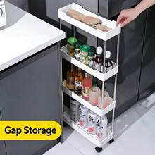 4-Tier Mobile Storage Rack With Wheels And Hooks, Narrow Gap Storage, Kitchen Storage Rack, Space-Saving, Suitable For Kitchen, Living Room, Bedroom And Office - White - View 7