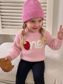 Girls' Cute Strawberry Letter Embroidered Knit Pullover Sweater, Long Sleeve, Suitable For Casual Daily Wear In Spring, Autumn And Winter - Pink - View 3