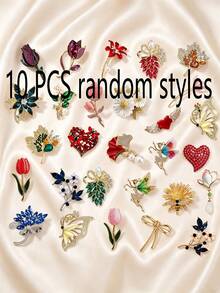 10PCS Elegant Vintage Brooch Set, Tulip Ginkgo Flower Bouquet Heart Butterfly Mixed Styles, Daily Commute Party Outfit Accent, Exquisite Gift Decoration Accessory Set - 10pcs Random Styles - View 1