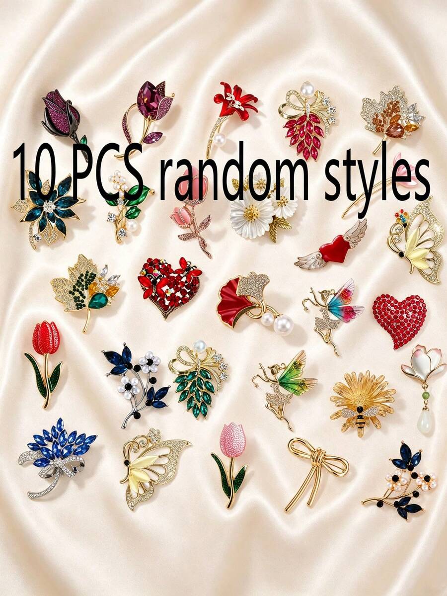 10PCS Elegant Vintage Brooch Set, Tulip Ginkgo Flower Bouquet Heart Butterfly Mixed Styles, Daily Commute Party Outfit Accent, Exquisite Gift Decoration Accessory Set - 10pcs Random Styles - View 1