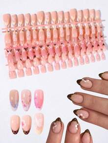 24pcs Long Almond Shape Flower Nails And Leopard Print Nails, Minimalist French Style Nail Tips, Long Almond Fake Nails Set - Multicolor - View 1