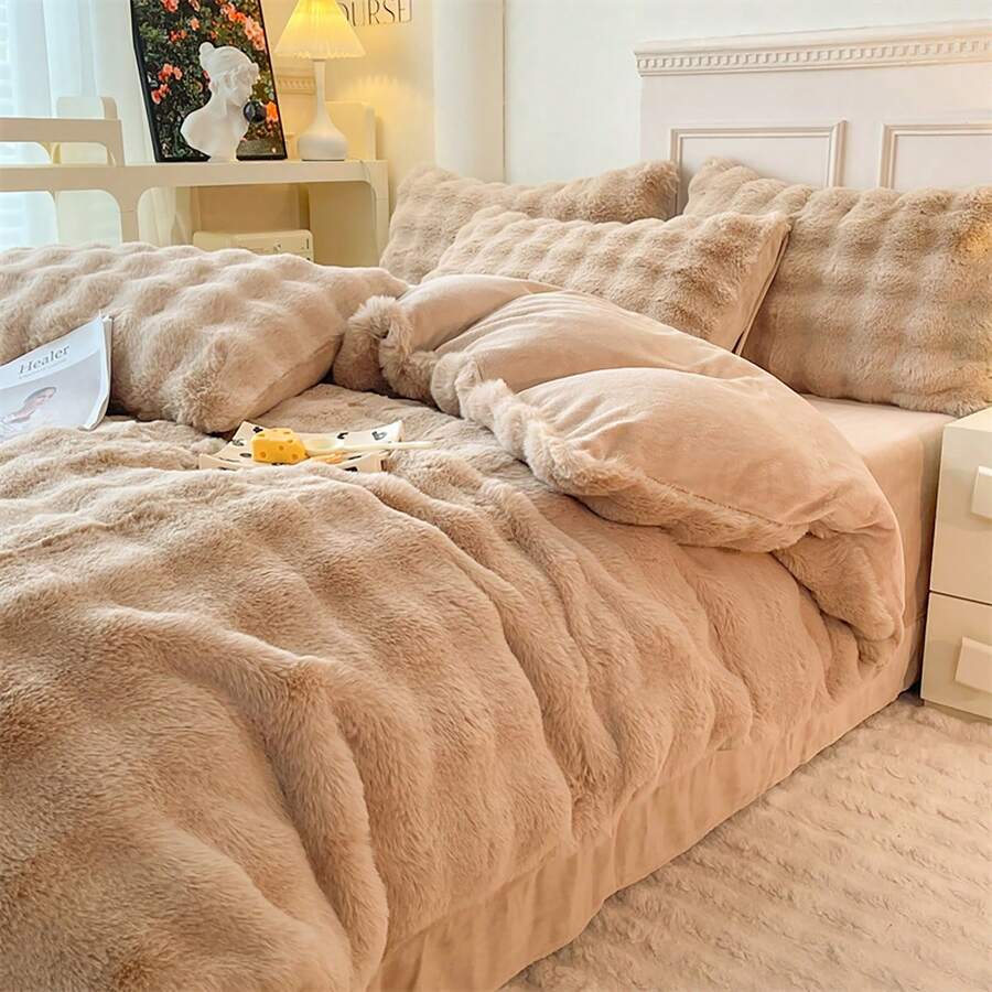 3-Piece Set (1 Duvet Cover + 2 Pillowcases) Without Filling, Autumn/Winter Plush Bedding Set, Bubble Fleece + Milk Fleece, Bedroom Bedding Set - Camel - View 1