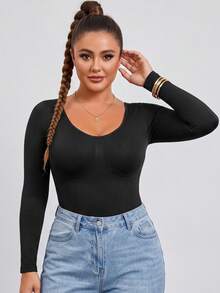 Plus Size Women Long Sleeve Bodysuit Scoop Neck Seamless Tummy Control Thermal Base Layer Top Fall Winter Body - Black - View 5
