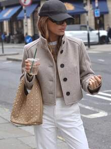 Women's Grey Wool Coat, Long Sleeve Stand Collar Button Short Jacket For Fashion Daily, Office, Commute, Spring Fall Winter Wardrobe Essential - Camel - View 7