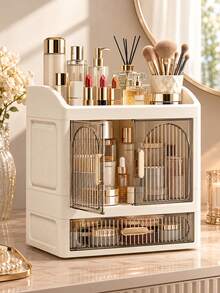 Large Capacity Desktop Cosmetic Storage Cabinet With Drawers And Layered Dust-Proof Storage Box, Transparent Visible Striped Door Design, Skincare Storage Rack, Lipstick, Lip Balm, Perfume, Lotion, Cream Classification And Organization, Multi-Compartment Countertop Storage Box, Vanity Skincare Organizer Cabinet, Bathroom Sink Storage Rack, Bedroom Makeup Table Desktop Organizer, Space-Saving, Say Goodbye To Clutter, Suitable For Skincare, Makeup, Perfume And Daily Small Items Classification And Storage - Multicolor - View 1