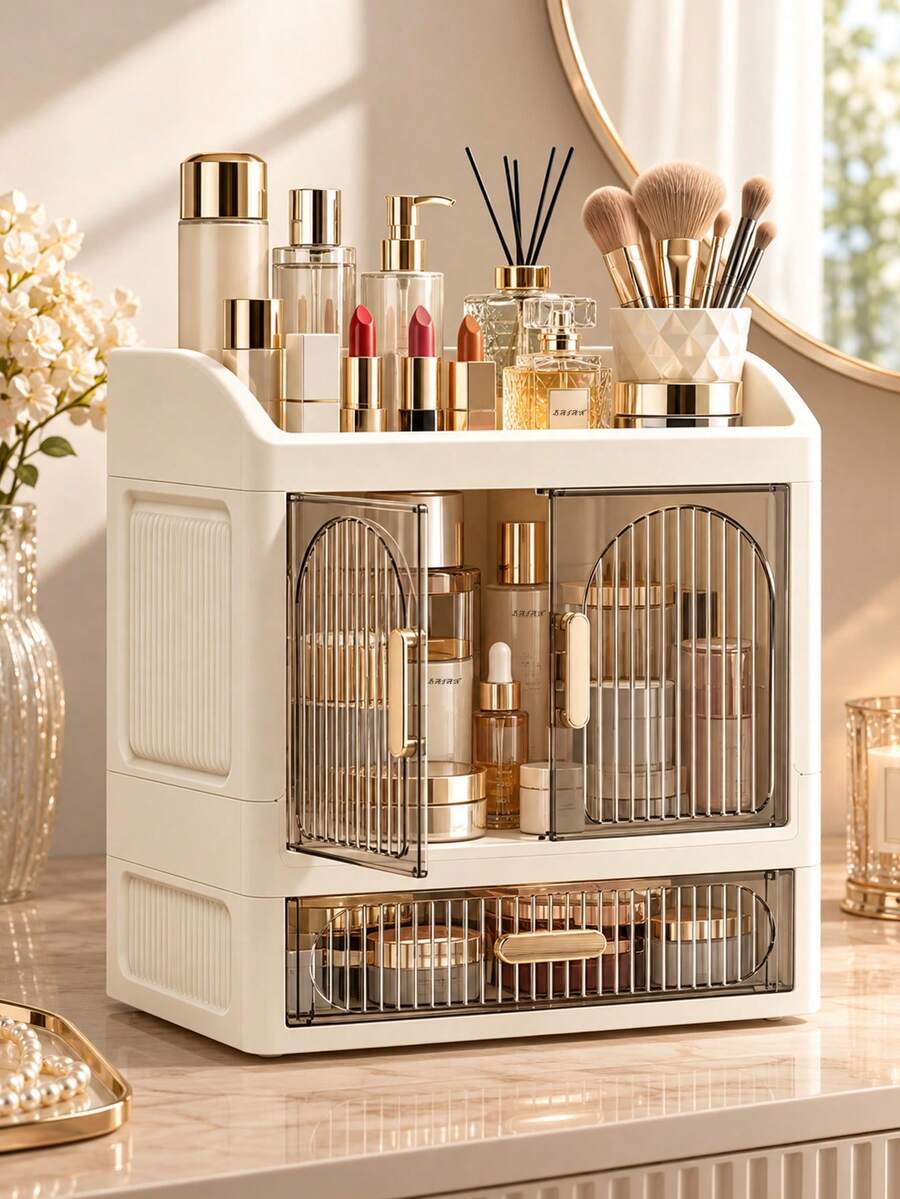 Large Capacity Desktop Cosmetic Storage Cabinet With Drawers And Layered Dust-Proof Storage Box, Transparent Visible Striped Door Design, Skincare Storage Rack, Lipstick, Lip Balm, Perfume, Lotion, Cream Classification And Organization, Multi-Compartment Countertop Storage Box, Vanity Skincare Organizer Cabinet, Bathroom Sink Storage Rack, Bedroom Makeup Table Desktop Organizer, Space-Saving, Say Goodbye To Clutter, Suitable For Skincare, Makeup, Perfume And Daily Small Items Classification And Storage - Multicolor - View 1