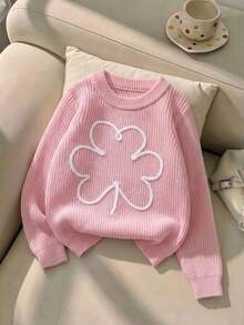 Tween Girls Cute Solid Color Floral Embroidered Knit Pullover Sweater, Suitable For Daily Wear, Vacation, Spring, Autumn, Winter - Pink - View 2