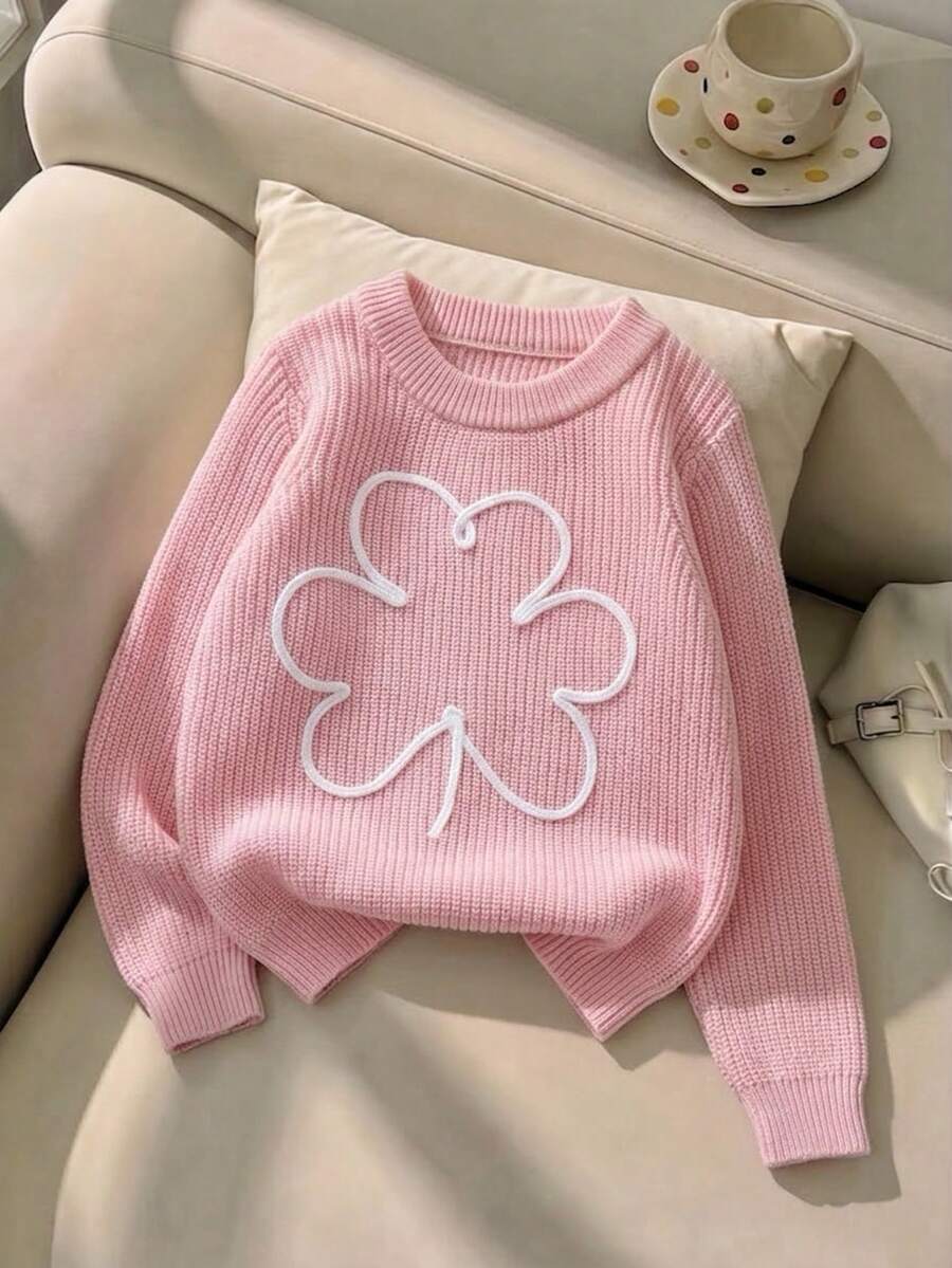 Tween Girls Cute Solid Color Floral Embroidered Knit Pullover Sweater, Suitable For Daily Wear, Vacation, Spring, Autumn, Winter - Pink - View 1