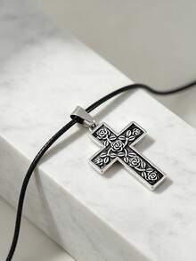 1pc Vintage Rose Cross Pendant Necklace, Fashion Accessory For Women's Party, Gathering, Music Festival - Antique Silver - View 5