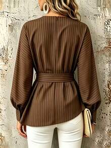 Fashion Women's Round Neck Woven Fine Striped Top With Belt And Asymmetric Hem, Long Sleeve Shirt Style, Suitable For Daily Wear - Brown - View 5