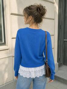 Women's Knitted Round Neck Pullover Sweater Top, Long Regular Sleeve, Medium Elasticity, Autumn Daily Wear - Blue - View 5