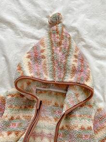 Autumn/Winter Baby Girl Colorful Geometric Jacquard Hooded Lamb Fleece Jacket, Thick Warm Zip-Up Plush Top - Apricot - View 3