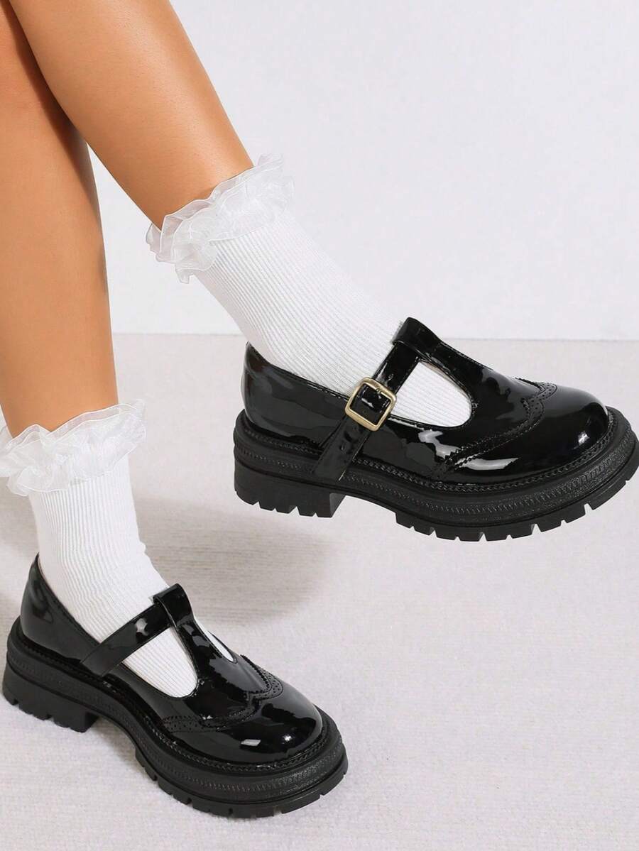 女款學院風 T 型帶瑪麗珍樂福鞋,圓頭厚底黑色漆皮休閒鞋,時尚百搭舒適平底鞋 - 黑色 - 查看 1
