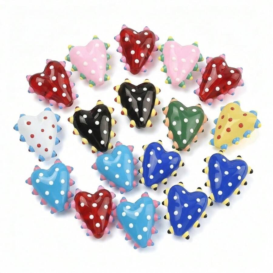 5pcs Handmade Lampwork Glass Polka Dot Heart Beads, Multicolor Polka Dot Heart Vertical Hole Decorative Beads, Suitable For DIY Bracelets, Necklaces And Y2K Style Jewelry Making - Color Mixing - View 1