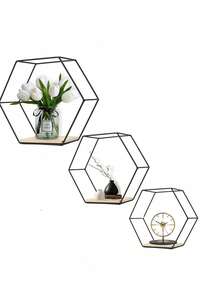 3pcs Set Iron Art Wall-Mounted Storage Rack, Assemblable Wall Decor Display Shelf, Combination Wall-Mounted Storage Rack, No-Drill Room Wall Storage Rack For Handheld Office, Green Plants, Miscellaneous Items, Dolls, Flowers (Includes Hooks) - Black - View 1