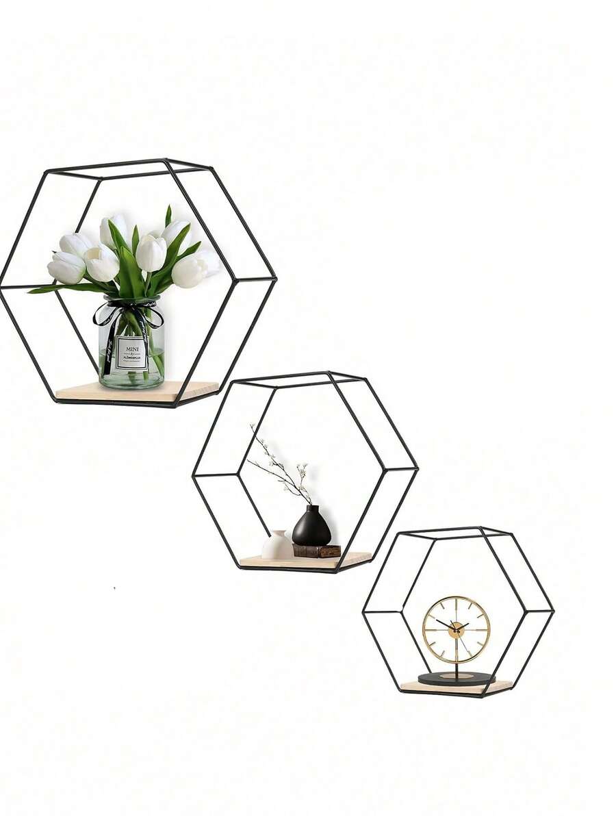 3pcs Set Iron Art Wall-Mounted Storage Rack, Assemblable Wall Decor Display Shelf, Combination Wall-Mounted Storage Rack, No-Drill Room Wall Storage Rack For Handheld Office, Green Plants, Miscellaneous Items, Dolls, Flowers (Includes Hooks) - Black - View 1