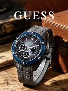 GUESS W1302G3 男士石英計時碼錶，黑色與藍色耐用錶殼，灰色紋理矽膠錶帶，100米防水戶外運動手錶 - W1302G3 - 查看 7