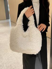 Autumn/Winter New Solid Color Long Fur Vest Style Tote Bag, Soft & Lightweight Plush Handbag, Fashion Casual Underarm Large Capacity Shoulder Bag For Women's Daily Use - White - View 5