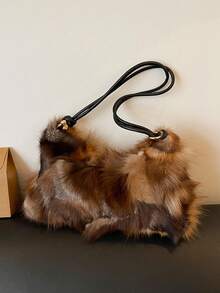 Women's Soft Fluffy Faux Fur Underarm Shoulder Bag, Metal Buckle Strap, Zipper Closure, Vintage Lazy Maillard Style, Brown Atmospheric Bag, Suitable For Shopping, Dating, Commuting And Daily Wear, Multifunctional Fashion Accessory - Brown - View 6