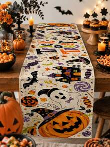 1 pc Taplak Meja Panjang Linen Halloween Trick Or Treat, Motif Cetak Huruf Warna-warni dengan Pola Permen Hantu Topi Penyihir dan , Dekorasi Meja Makan Dapur Gaya Farmhouse, Cocok untuk Pesta Halloween - MultiWarna - View 7