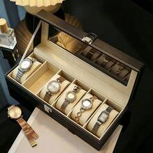12/10/6/5 Slots Watch Storage Box With Glass Lid, Watch Display Storage Box, Dust-Proof Velvet Lining, Men's And Women's Watch Collection Box, Black Luxury Watch Storage Box With Drawer, Leather Watch Box, Watch Storage Box, Watch Display Box, Watch Box, Multi-Slot Watch Jewelry Box, Jewelry Bracelet Box, Birthday Gift For Friends, National Day Gift, Halloween Gift, Christmas Gift - Black - View 3
