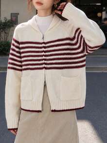 Women's Autumn Casual Minimalist Polka Dot Pattern 2 In 1 Knit Cardigan Jacket - Red and White - View 3