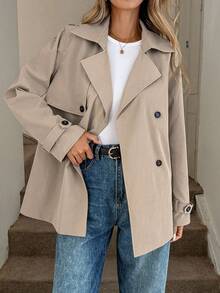 Xana Solid-Color Collared Trench-Style Jacket; Women's Long-Sleeved Autumn/Winter Top; Business-Casual Open-Front Outerwear; Office-Appropriate Coat. - Khaki - View 7