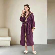 1pc Autumn/Winter Striped Colorblock Extra Long Plush Thickened Warm Home Bathrobe, Thickened Plush Fabric, Unisex Couple Style - Bathrobe - View 12