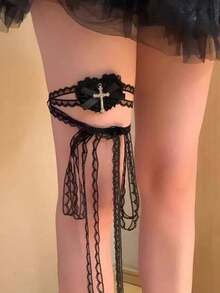 1pc Women's Vintage Punk Style Heart Lace-Up Eye Mask, Gothic Lolita Cosplay Decorative Lace Leg Chain Accessory - Multicolor - View 5