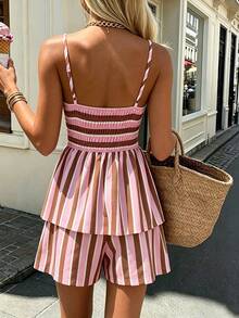 Dirp Noir Women's Autumn Multi-Color Striped Camisole & Shorts 2 Pieces Set, Suitable For Travel, Dating, Back To School, Holidays, Daily Wear - Coffee Brown - View 3