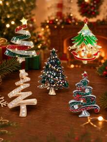 5pcs Christmas Tree Brooch Set, Multiple Rhinestone Christmas Tree Style Combinations, Holiday Atmosphere Lapel Accessories, Coat Sweater Jacket Holiday Decoration Small Items - 5pcs - View 7