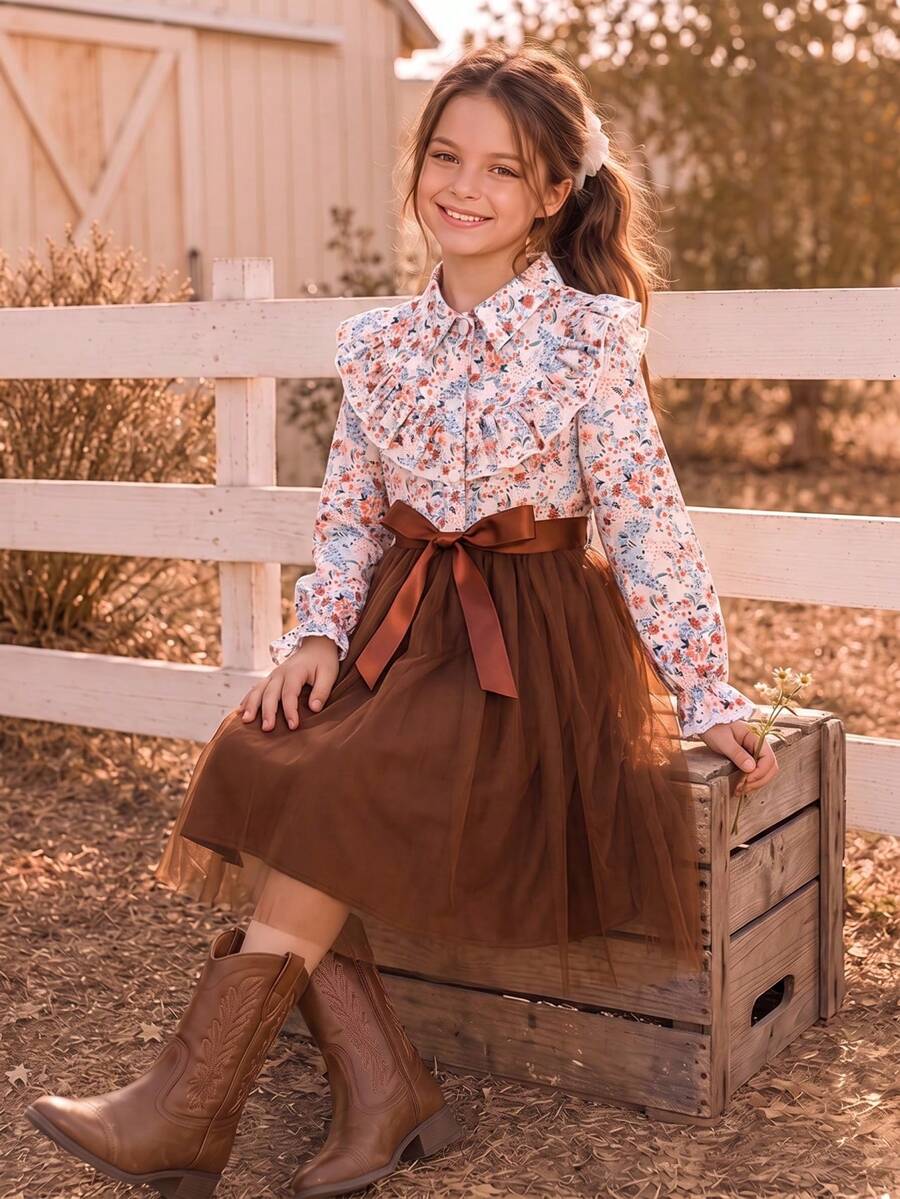 Vestido de manga larga para niñas preadolescentes con estampado floral de malla y cinturón tejido - Marrón - Ver 1