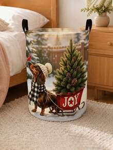 Laundry Basket/Dirty Clothes Basket,Storage Boxes In Bedrooms And Bathrooms, Joyful Dachshund Decor Pattern-Foldable Circular Clothes Basket - Multicolor - View 2
