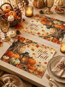 Taplak Meja Thanksgiving, Sarung Bantal, Alas Piring, Taplak Meja Motif Musim Gugur Vintage Lentera Daun Maple Pohon, Taplak Meja Dekoratif Panjang Gaya Rumah Pertanian Pedesaan Selamat Datang Musim Gugur, Dekorasi Pesta Liburan Rumah Dapur - MultiWarna - View 5