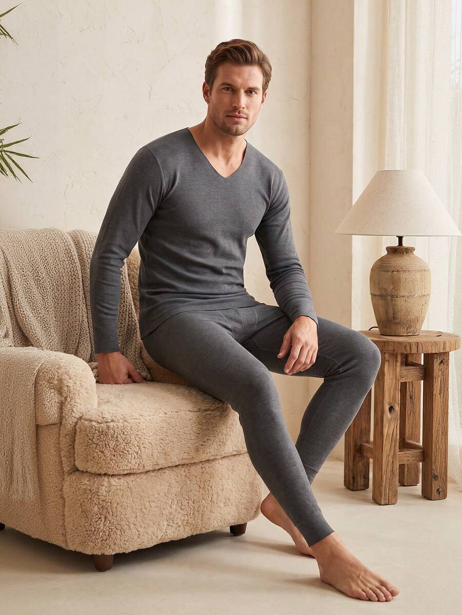 1 Set Autumn/Winter/Spring Knitted Wool & Silk Seamless Casual Home Loungewear Men's Medium Thickness Warm Set - Grey - View 1