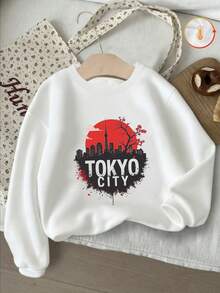 Kids Crew Neck Sweatshirt,Tokyo City Skyline Cherry Blossom Graphic Print Cotton Pullover For Kids - White - View 1