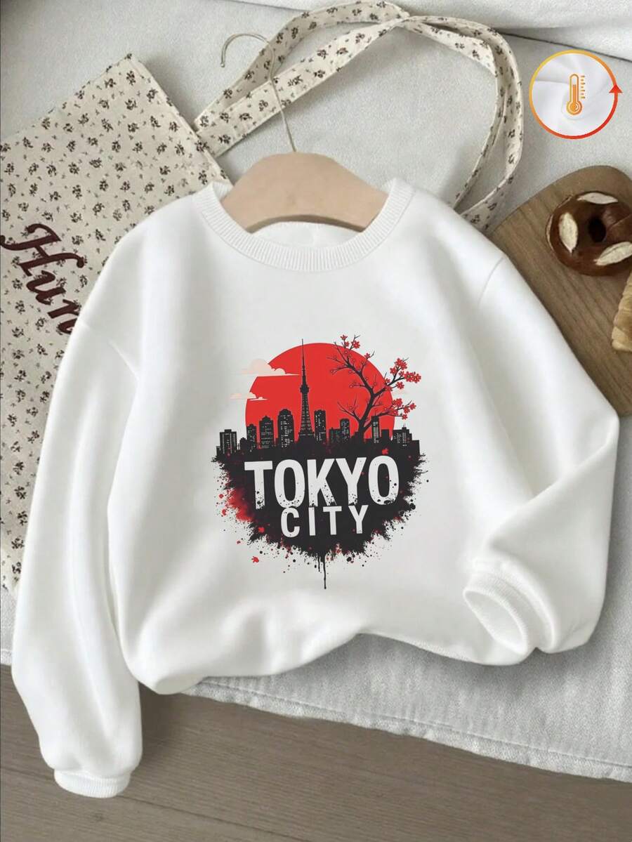 Kids Crew Neck Sweatshirt,Tokyo City Skyline Cherry Blossom Graphic Print Cotton Pullover For Kids - White - View 1